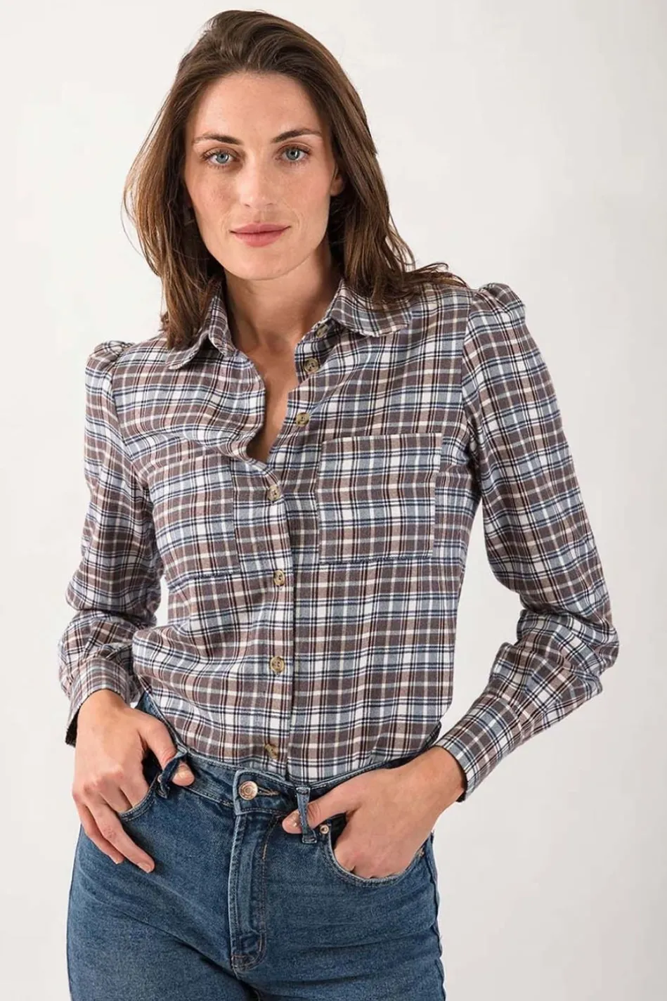 womens-round-collar-check-shir-BmxeXtsv-3.webp New Troy London Womens Round Collar Check Shirt